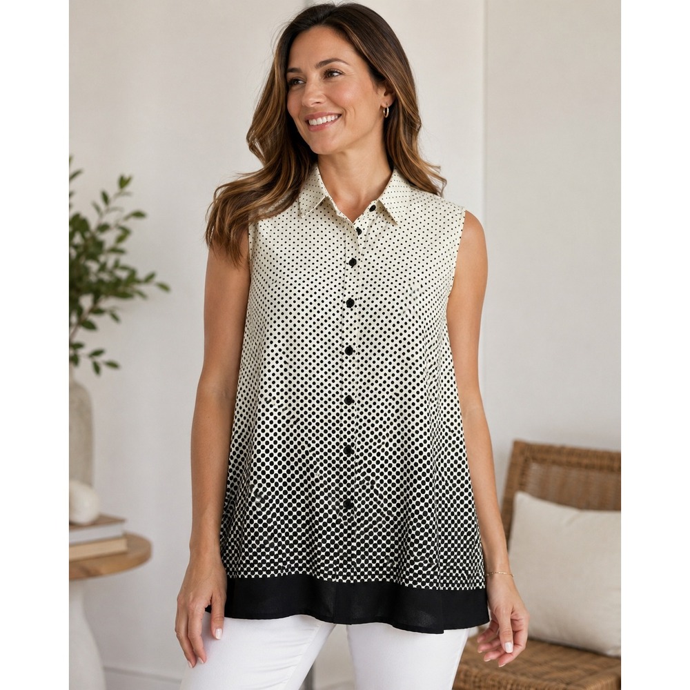 Blouse Ivory Black Polka Dot Womens L Sleeveless Button Front Tunic Coquette